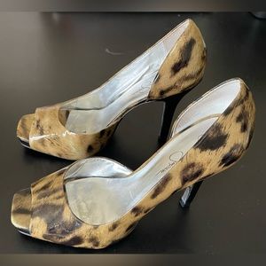 EUC JESSICA SIMPSON PATENT LEATHER LEOPARD PRINT 5” HEELS IN US LADIES SZ 9